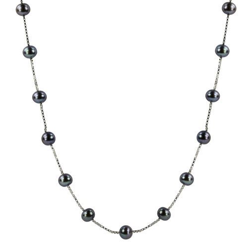 Sterling Silver 6mm Black Freshwater Pearl Station Necklace