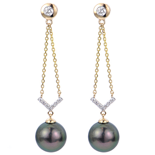 14k Yellow Gold Peacock Tahitian Pearl and Diamond Drop Earrings