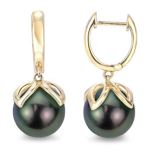 14k Yellow Gold 12mm Green Tahitian Pearl Hoop Dangle Earrings