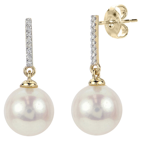 14k Yellow Gold 9mm Freshwater Cultured Pearl and Diamond Bar Earrings