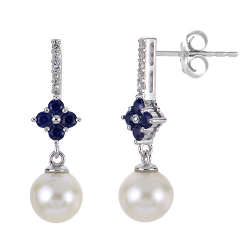 14k White Gold 7mm Freshwater Cultured Pearl with Blue Sapphires and Diamonds Floral Drop Earrings