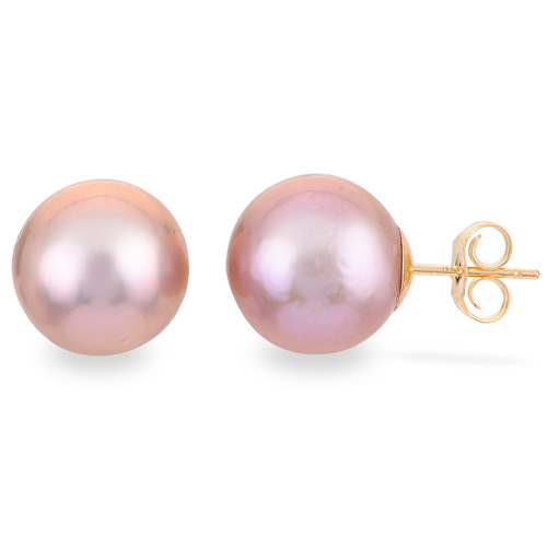 14k Yellow Gold 10mm Pink Freshwater Cultured Pearl Stud Earrings