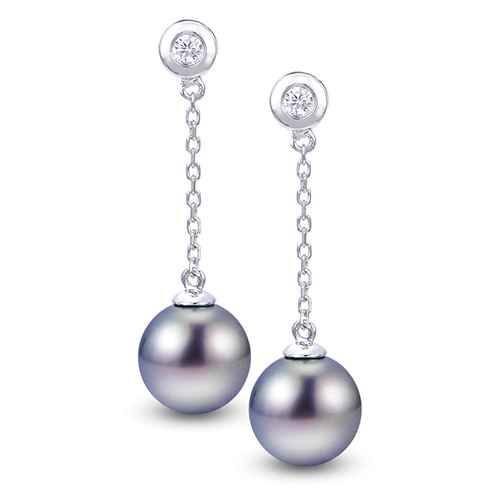 14k White Gold 9mm Tahitian Pearl and Diamond Linear Drop Earrings