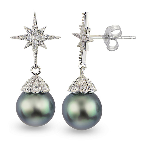 14k White Gold 8mm Blue Tahitian Pearl and Diamond Star Drop Earrings
