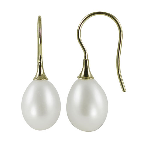 14k Yellow Gold 9mm Oval Freshwater Cultured Pearl Earrings with Shepherd Hooks