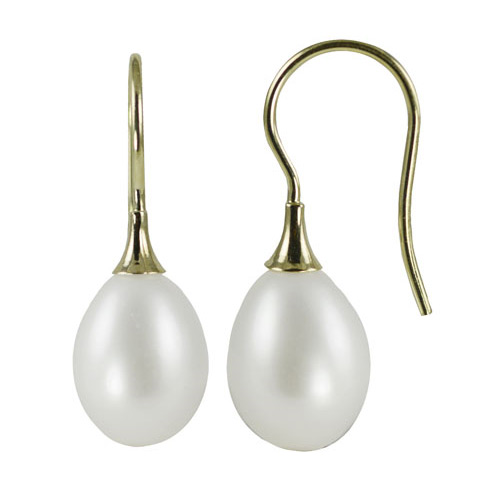 14K Solid Gold Natural White Freshwater Cultured Oval Pearl Stud Earrings