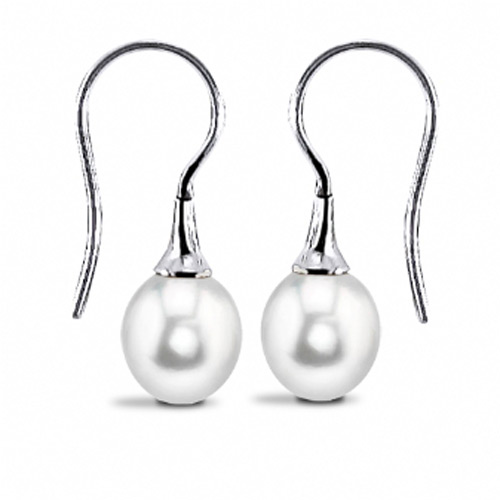 14k White Gold 9mm Oval Freshwater Cultured Pearl Earrings with Shepherd Hooks