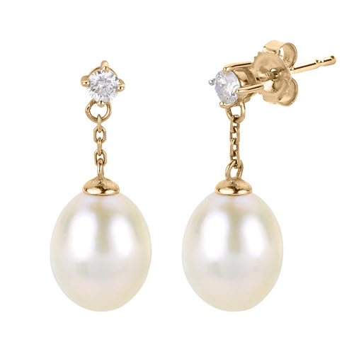14k Yelllow Gold 10mm White Freshwater Cultured Pearl Drop Dangle Earrings With Diamonds