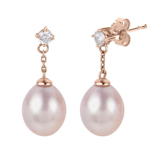 14k Rose Gold 10mm Pink Freshwater Pearl Drop Dangle Diamond Earrings 