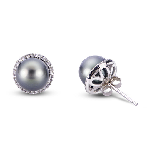 14k White Gold 9mm Tahitian Pearl and Diamond Halo Stud Earrings