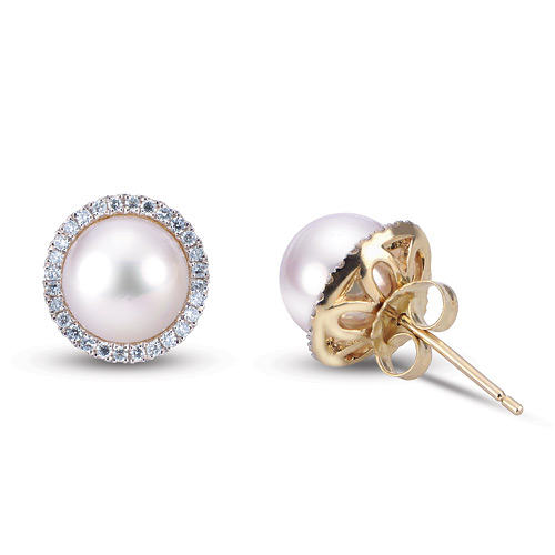 14k Yellow Gold Akoya Cultured Pearl Diamond Halo Stud Earrings