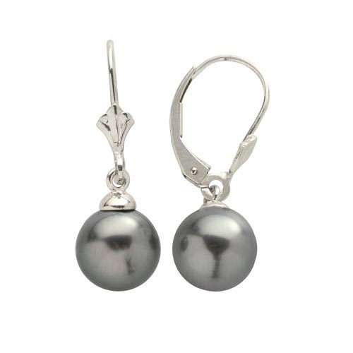 14k White Gold 9mm Round Tahitian Cultured Pearl Leverback Earrings