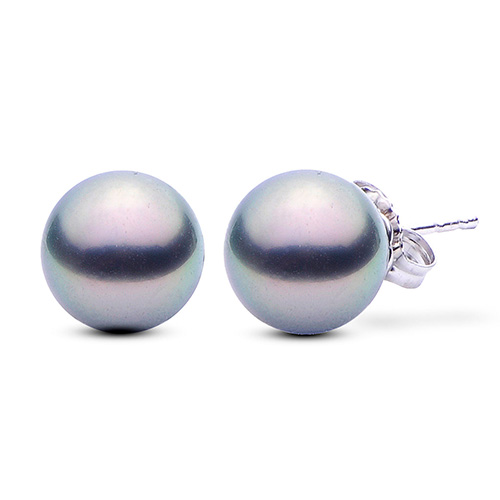 14k White Gold 9mm Tahitian Pearl Stud Earrings AA Quality