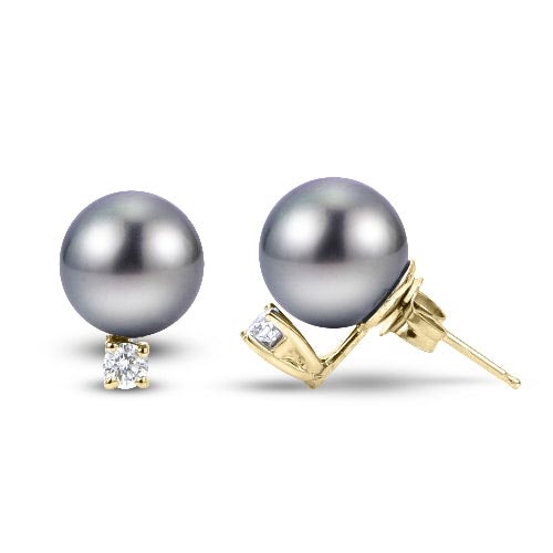 14k Yellow Gold 11mm Tahitian Cultured Pearl Stud Earrings with .30 ct tw Diamonds