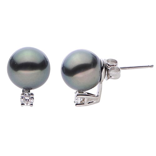 14k White Gold 11mm Tahitian Cultured Pearl Stud Earrings with .30 ct tw Diamonds