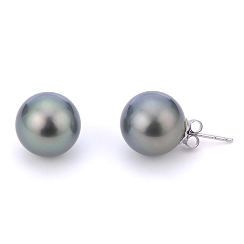 14k White Gold 10mm Tahitian Pearl Stud Earrings AA Quality
