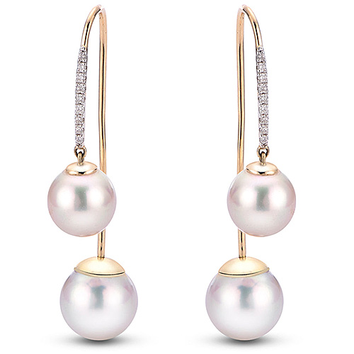 14k Yellow Gold Freshwater Cultured Pearl and Diamond Front to Back Dangle Earrings