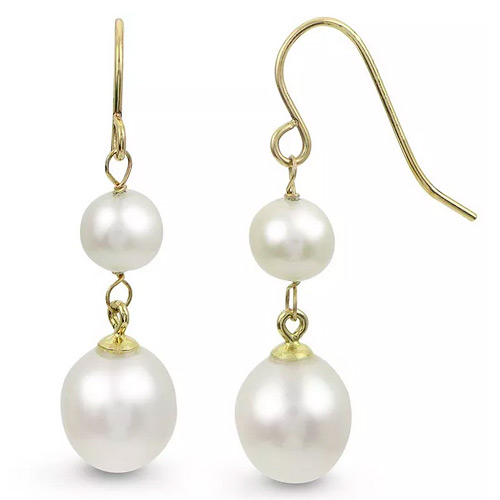 14k Yellow Gold Round and Drop Freshwater Cultured Pearl Dangle Earrings