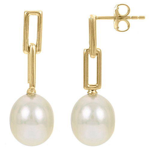 14k Yellow Gold 8mm Freshwater Cultured Pearl Paperclip Link Earrings