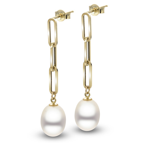 14k Yellow Gold Freshwater Cultured Pearl Paper Clip Chain Earrings