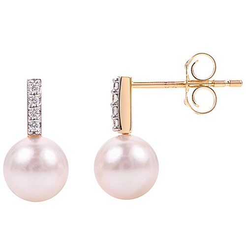 14k Yellow Gold 7mm Akoya Cultured Pearl Dangle Earrings With Diamond Accents