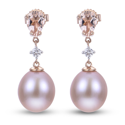14k Rose Gold Morganite and Freshwater Cultured Pearl Drop Earrings with Diamonds