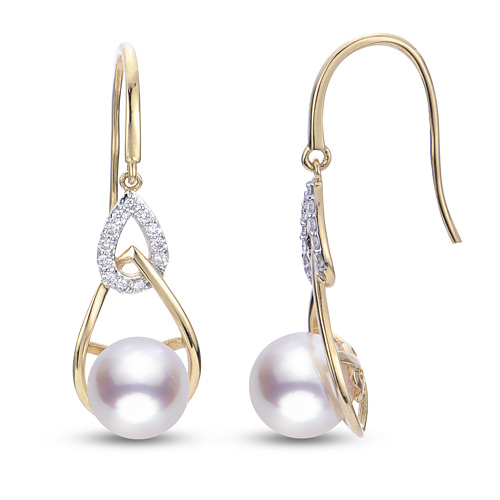 14k Yellow Gold Pink Akoya Cultured Pearl Dangle Earrings with Diamonds