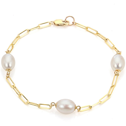 14k Yellow Gold 8mm Oval Freshwater Cultured Pearl Paperclip Link Bracelet