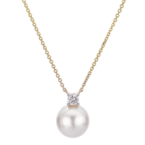 14k Yellow Gold 8mm Akoya Cultured Pearl Necklace With Diamond Accent
