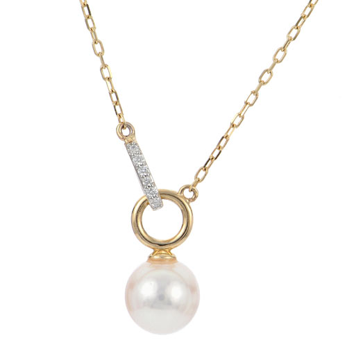 14k Yellow Gold 7mm Akoya Cultured Pearl Necklace With Diamond Bar
