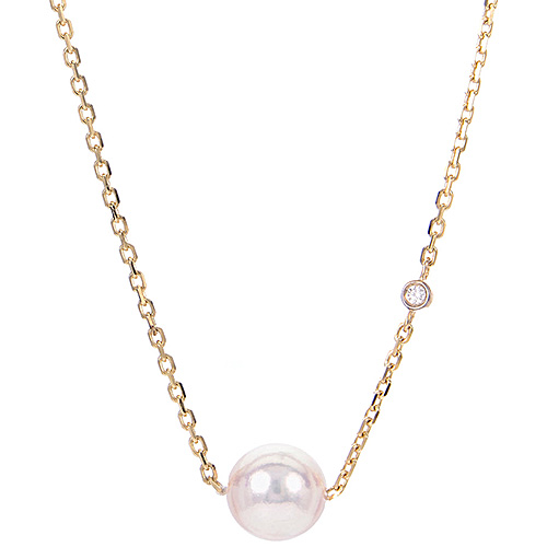 14k Yellow Gold 7.5mm Akoya Cultured Pearl Necklace With Diamond Bezel Accent