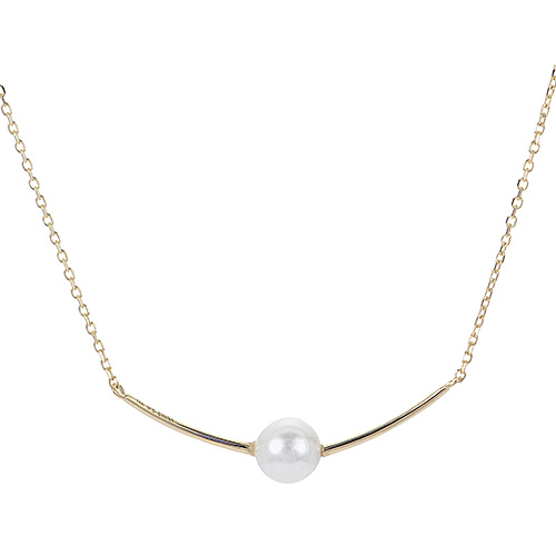 14k Yellow Gold 7mm Freshwater Pearl Curved Bar Solitaire Necklace