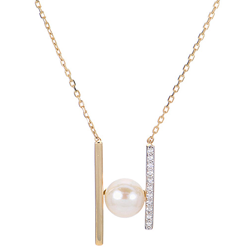 14k Yellow Gold Freshwater Pearl Bars Necklace With Diamond Accents