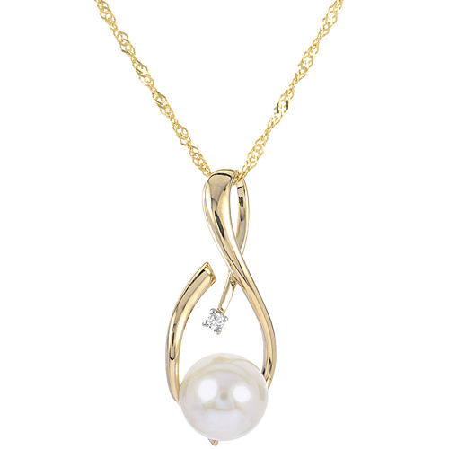 14k Yellow Gold 8mm Freshwater Cultured Pearl Ribbon Necklace With Diamond Accent
