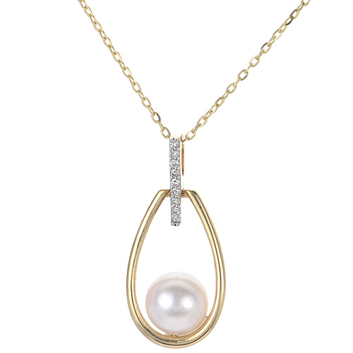 14k Yellow Gold 6.5mm Akoya Pearl Open Teardrop With Diamond Bar Necklace