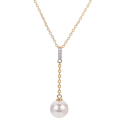 14k Yellow Gold 7.5mm Akoya Cultured Pearl and Diamond Drop Necklace