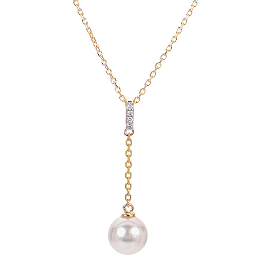 14k Yellow Gold 7.5mm Akoya Cultured Pearl and Diamond Drop Necklace