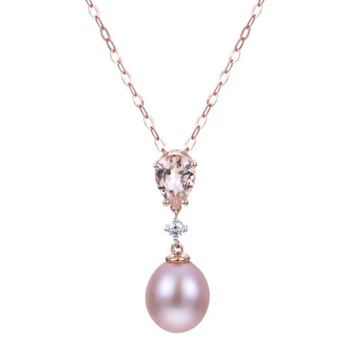 14k Rose Gold Morganite and Pink Freshwater Cultured Pearl Necklace with Diamond