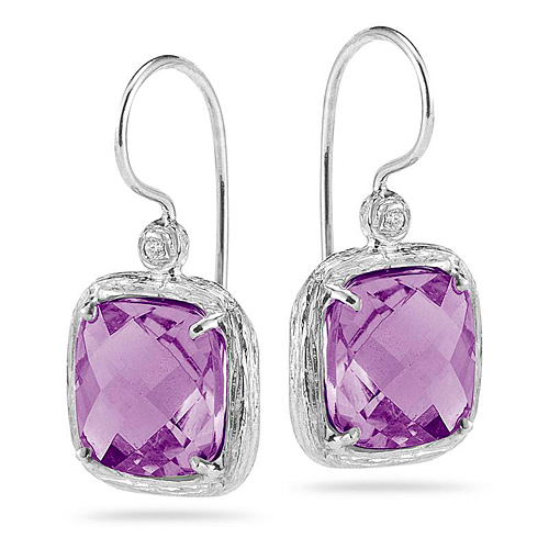 I. Reiss 14k White Gold 6 ct tw Cushion Cut Amethyst Gallery Dangle Earrings With Diamond Accents