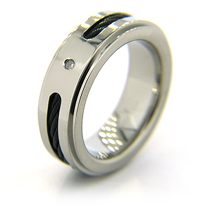 8mm Titanium Ring with Inset Black Cable and Diamond