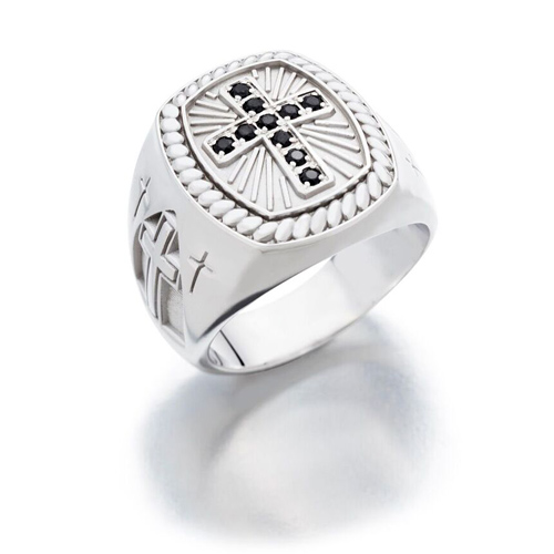 Sterling Silver Signet Cross Ring with Black Spinel and Satin Finish