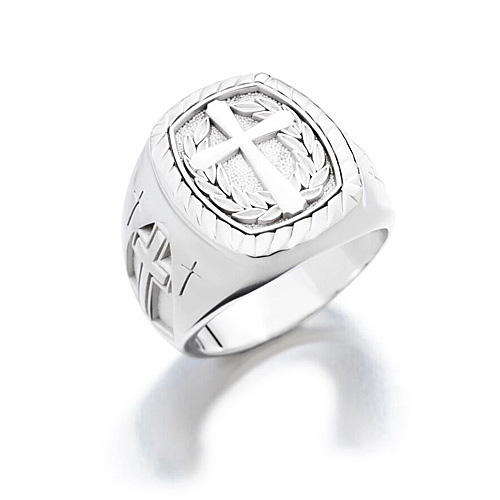 Sterling Silver Signet Cross Ring with Wreath Design