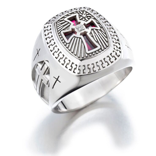 Silver Signet Cross Ring with Simulated Garnet and Diamond Accent