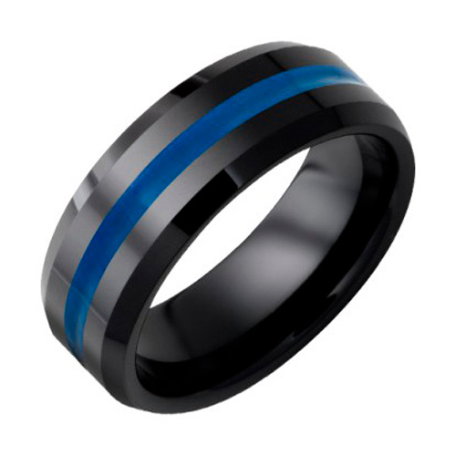 Black Ceramic Thin Blue Line Ring with Beveled Edges 8mm