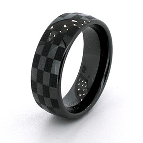 Black Ceramic 8mm Domed Ring with Checker Design