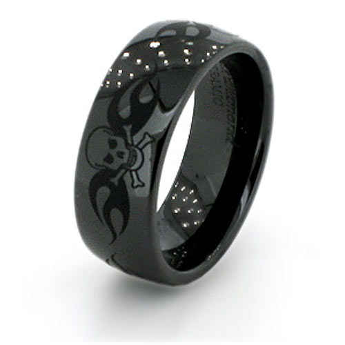 Black Ceramic 8mm Domed Ring with Skull Design
