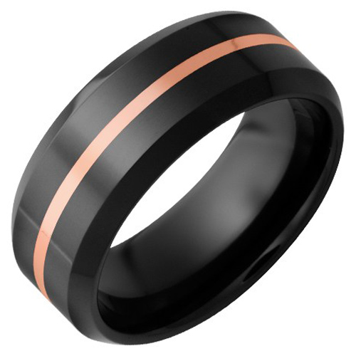 Black Ceramic Ring with 14k Rose Gold Inlay and Beveled Edges 8mm