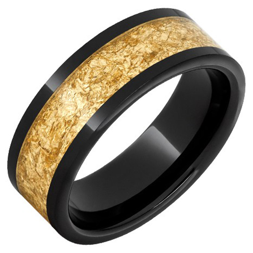 Black Ceramic Ring with 24k Yellow Gold Leaf Inlay 8mm
