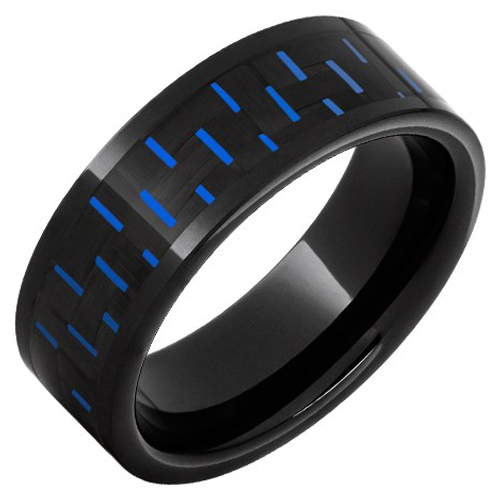 Black Ceramic Ring with Black and Blue Carbon Fiber Inlay 8mm