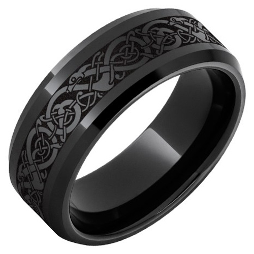 Black Ceramic Ring with Viking Laser Engraving and Beveled Edges 8mm